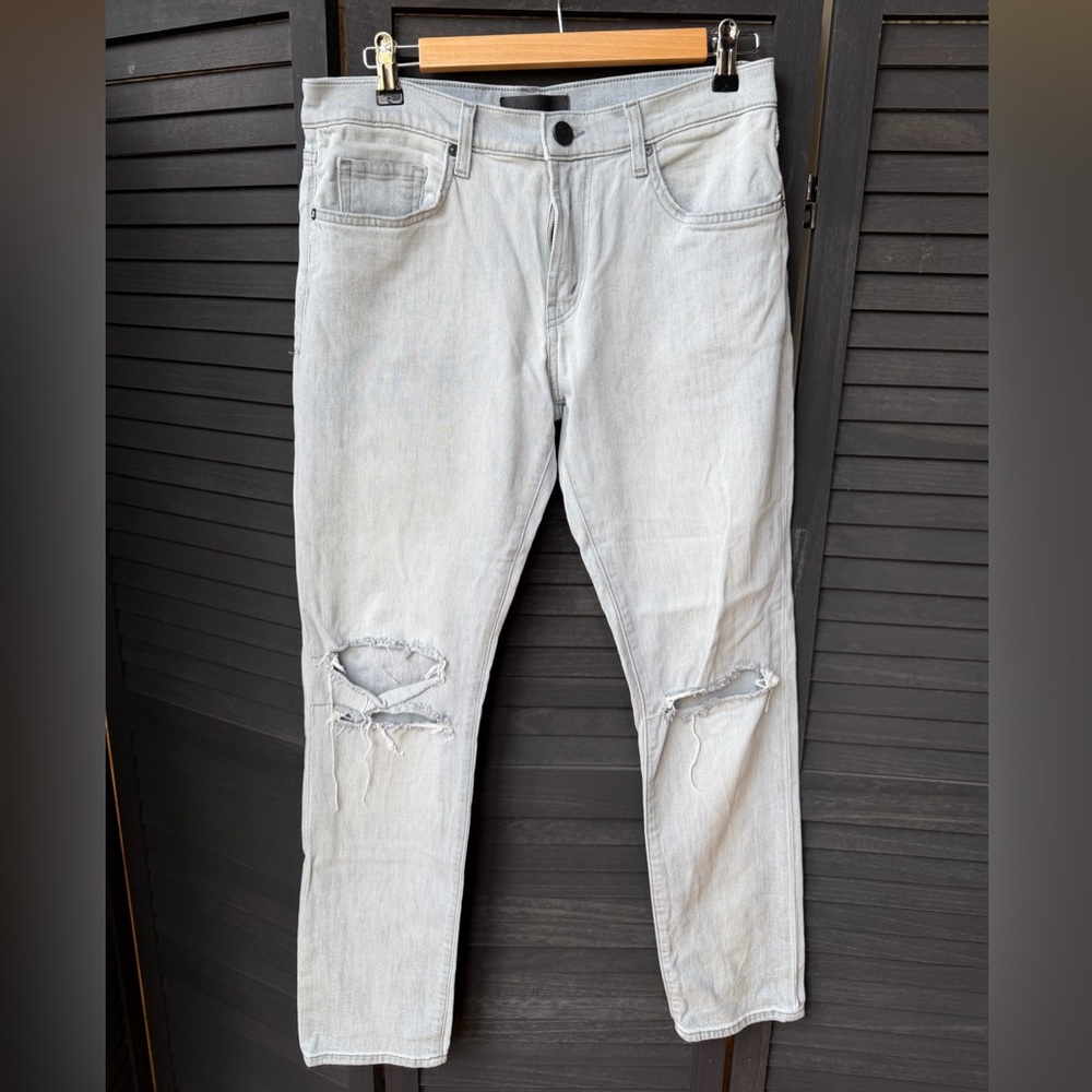 J Brand Men's Light Gray Skinny Jeans with Knee Rips